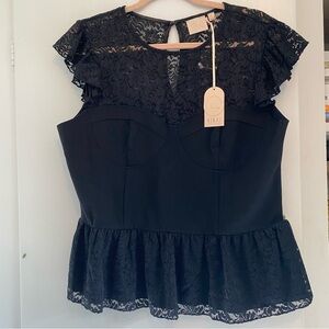 NWT Black Lace Peplum Flutter Sleeve Top Dark Romantic Whimsygoth Pinup XL